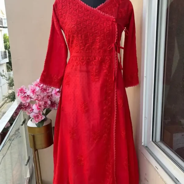 Amara Angrakha Dobby Mul Cotton Chikankari Kurta Set - Red