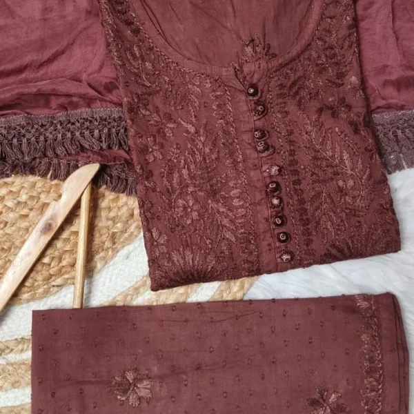 Pihu Soft Dobby Mul Cotton Chikankari Kurta Set - Brown