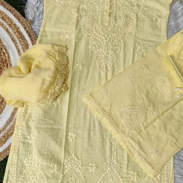 Pihu Soft Dobby Mul Cotton Chikankari Kurta Set - Yellow