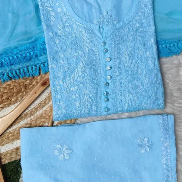 Pihu Soft Dobby Mul Cotton Chikankari Kurta Set - Sky Blue