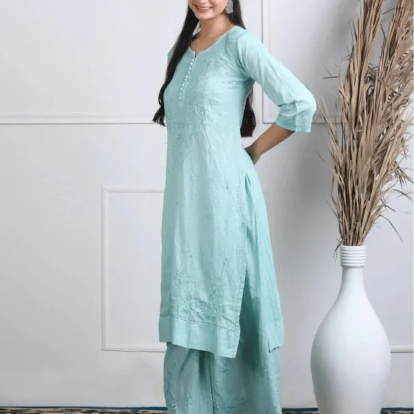 Pihu Soft Dobby Mul Cotton Chikankari Kurta Set - Sea Green