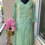 Amara Angrakha  Dobby Mul Cotton Chikankari Gown - Sea Green