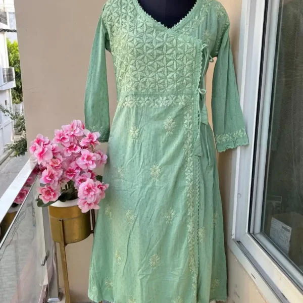 Amara Angrakha Dobby Mul Cotton Chikankari Kurta Set - Sea Green
