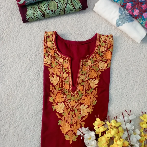 Haya Kashmiri Pheran Set - Dark Blood Red