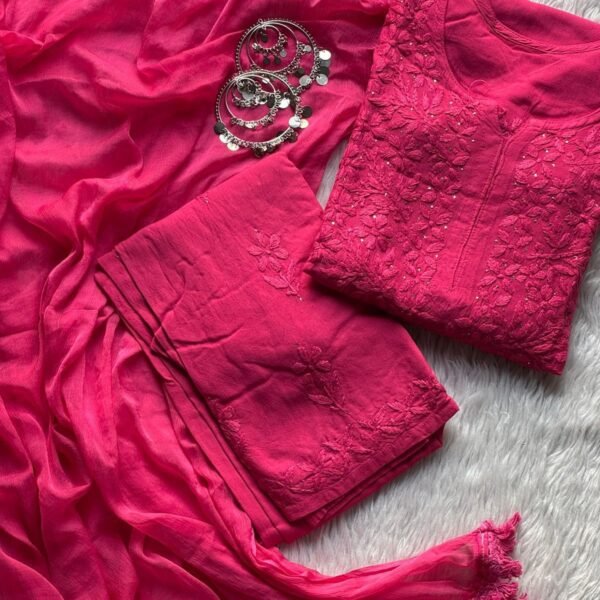 Ranjha Soft Rayon Cotton Mukaish Work Premium Quality Set - Rani Pink