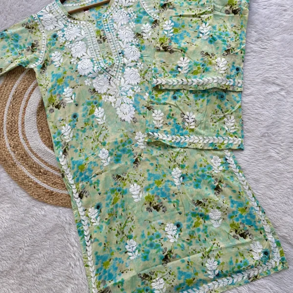 Nishra Pure Mul Cotton Chikankari Kurta Set - Green