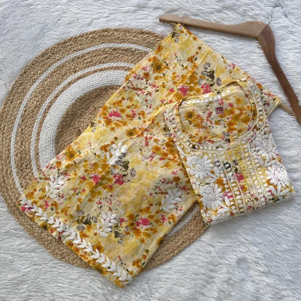 Nishra Pure Mul Cotton Chikankari Kurta Set - Yellow