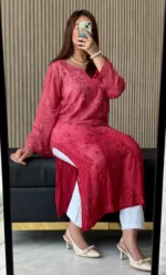 Divya Chanderi Dual Toned Chikankari Kurta - Pink - Image 4