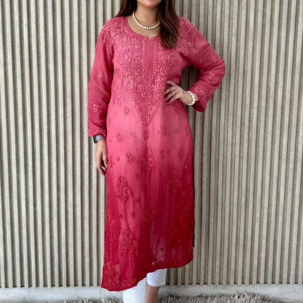 Divya Chanderi Dual Toned Chikankari Kurta - Pink