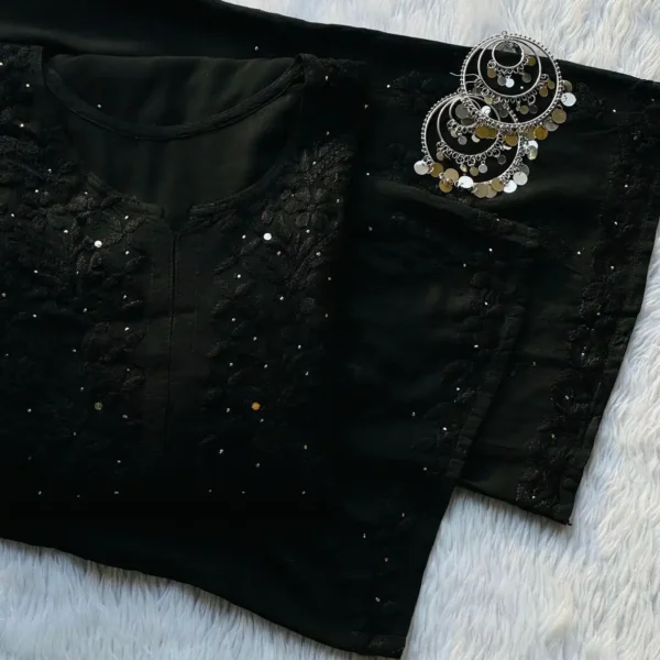 Ranjhna Rayon Cotton Mukaish Work Chikankari Kurta Set - Black