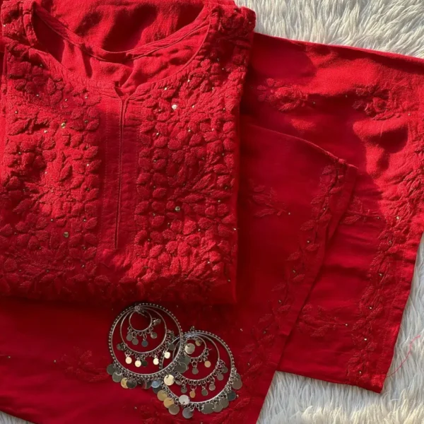 Ranjhna Rayon Cotton Mukaish Work Chikankari Kurta Set - Red