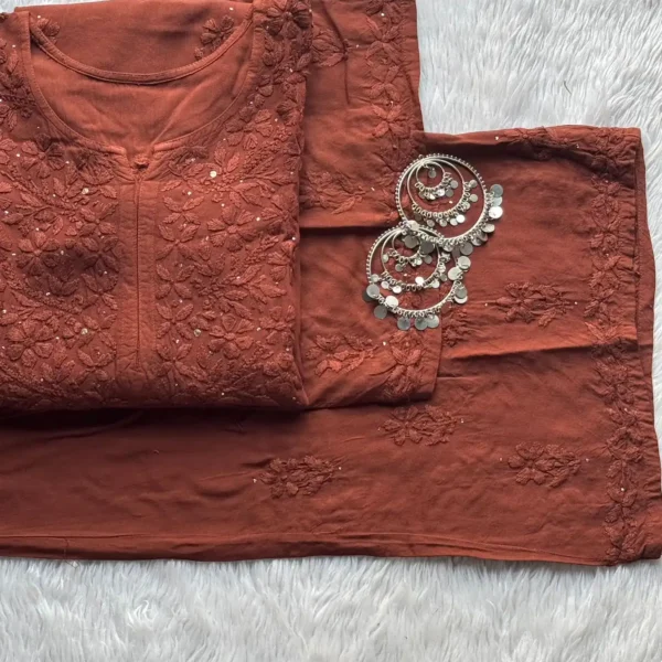 Ranjhna Rayon Cotton Mukaish Work Chikankari Kurta Set - Brown