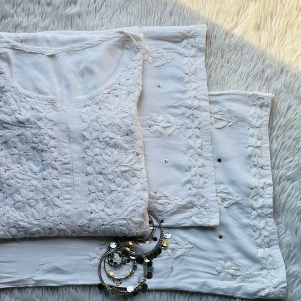 Ranjhna Rayon Cotton Mukaish Work Chikankari Kurta Set - White