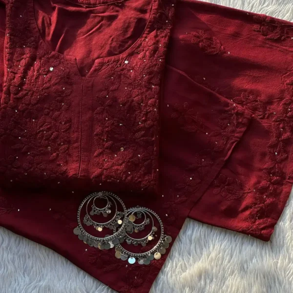 Ranjhna Rayon Cotton Mukaish Work Chikankari Kurta Set - Maroon