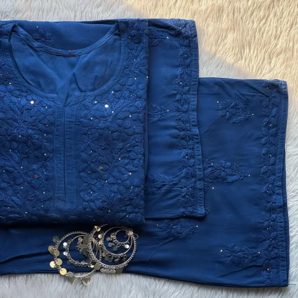 Ranjhna Rayon Cotton Mukaish Work Chikankari Kurta Set - Blue