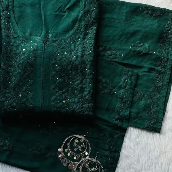 Ranjhna Rayon Cotton Mukaish Work Chikankari Kurta Set - Green