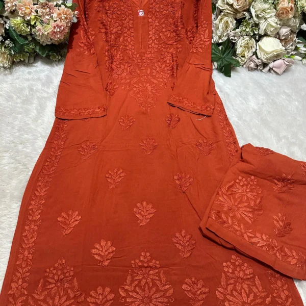 Aashi Pure Modal Chikankari Kurta Set - Brick Orange