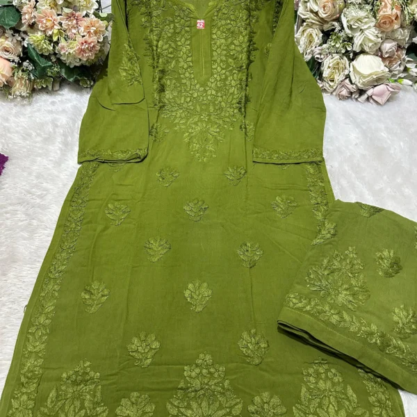 Aashi Pure Modal Chikankari Kurta Set - Olive Green