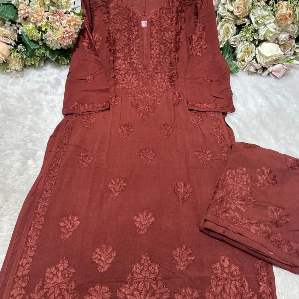 Aashi Pure Modal Chikankari Kurta Set - Sanguine Brown