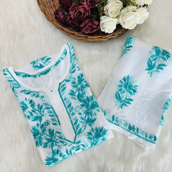 Manisha White Multithread Chikankari Kurta Set - Sea Green