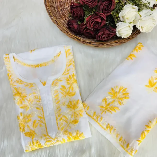 Manisha White Multithread Chikankari Kurta Set - Yellow