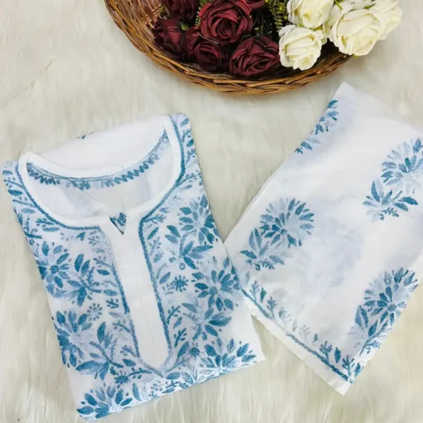 Manisha White Multithread Chikankari Kurta Set - Blue