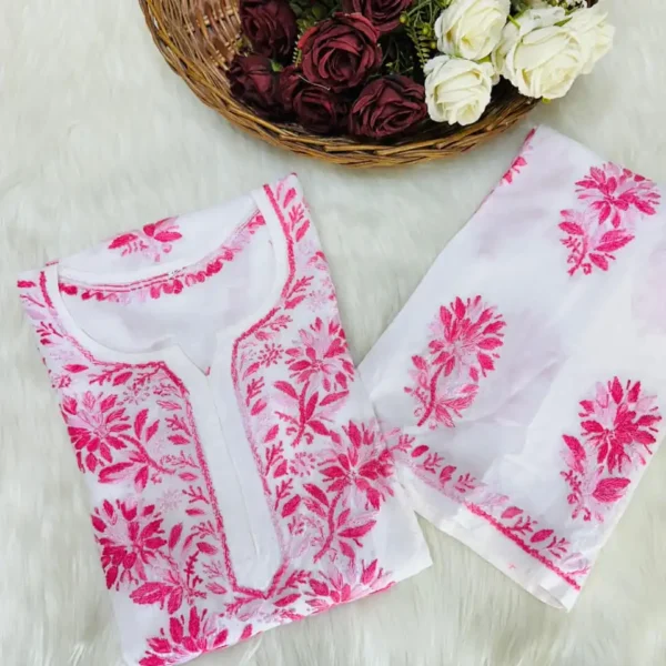 Manisha White Multithread Chikankari Kurta Set - Pink