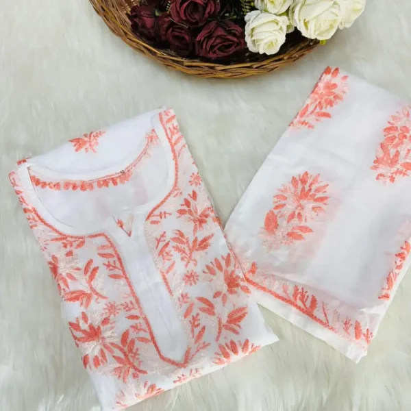 Manisha White Multithread Chikankari Kurta Set - Peach