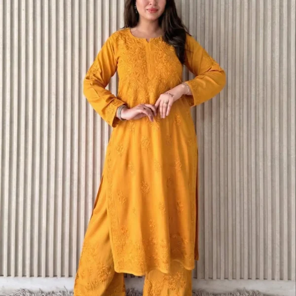 Shradha  Rayon Cotton Chikankari Kurta Set - Yellow