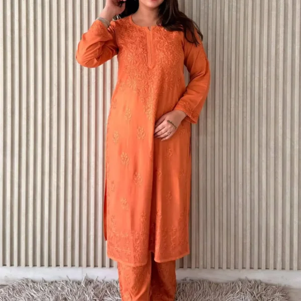 Shradha  Rayon Cotton Chikankari Kurta Set - Coral