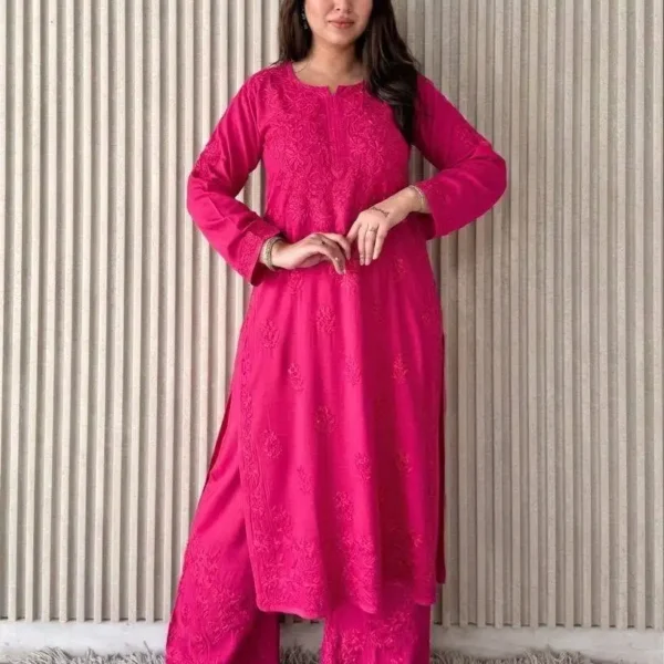 Shradha  Rayon Cotton Chikankari Kurta Set - Magenta Gem