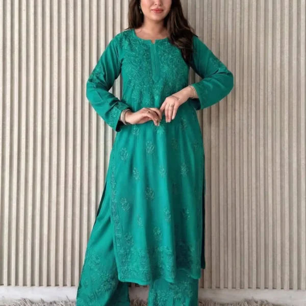 Shradha  Rayon Cotton Chikankari Kurta Set - Aesthetic Teal