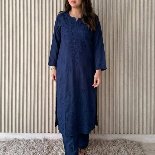 Shradha  Rayon Cotton Chikankari Kurta Set - Winter Blue