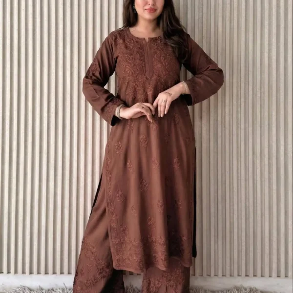 Shradha  Rayon Cotton Chikankari Kurta Set -  Light Chocolate