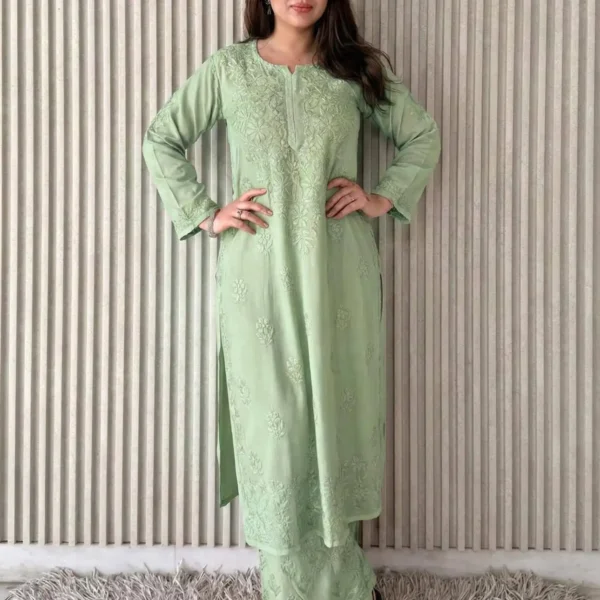 Shradha  Rayon Cotton Chikankari Kurta Set - Cool Sage Green