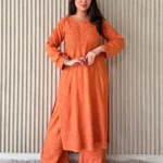 Shradha  Rayon Cotton Chikankari Kurta Set - Orange