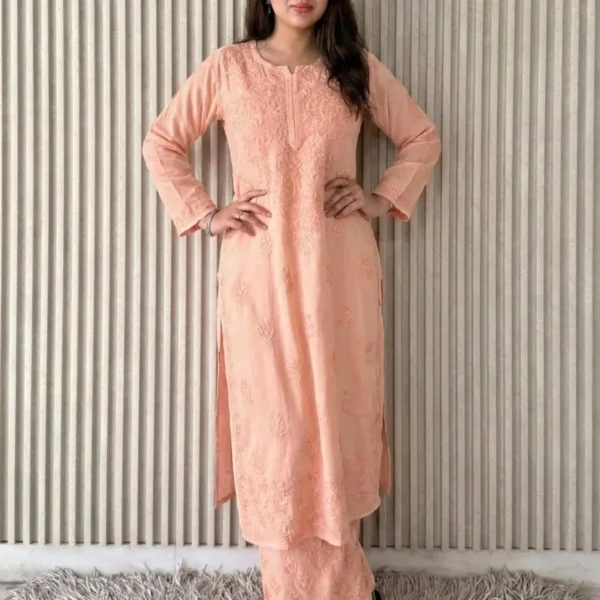 Shradha  Rayon Cotton Chikankari Kurta Set - Silky Peach